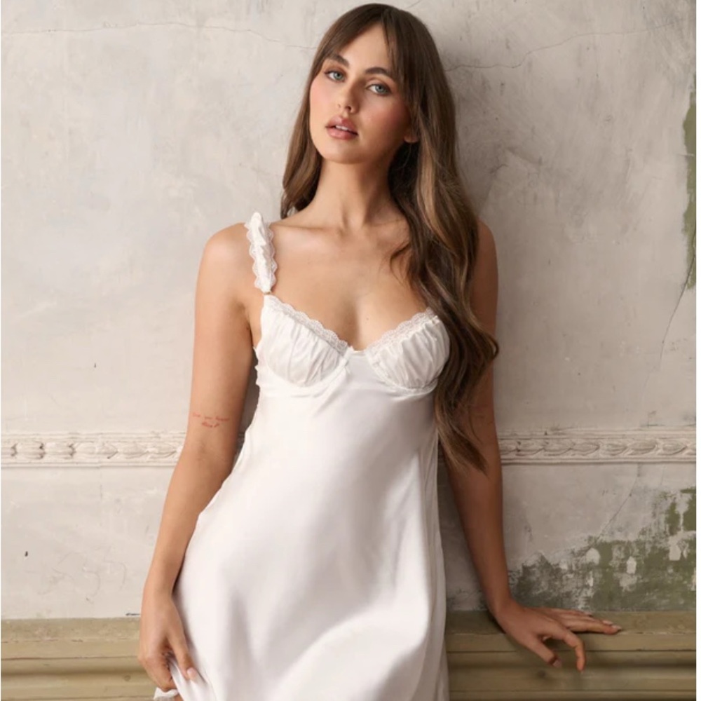Celeste White Satin Lace-Trim Chemise Slip
